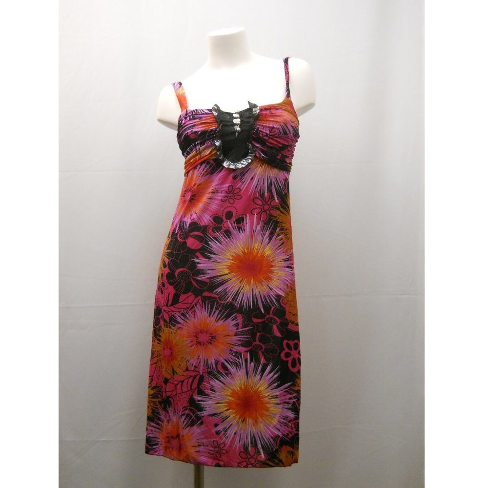 Ice Sea Silk Women's Dress Floral Pink Button Ruffle-Split-Neck Size M